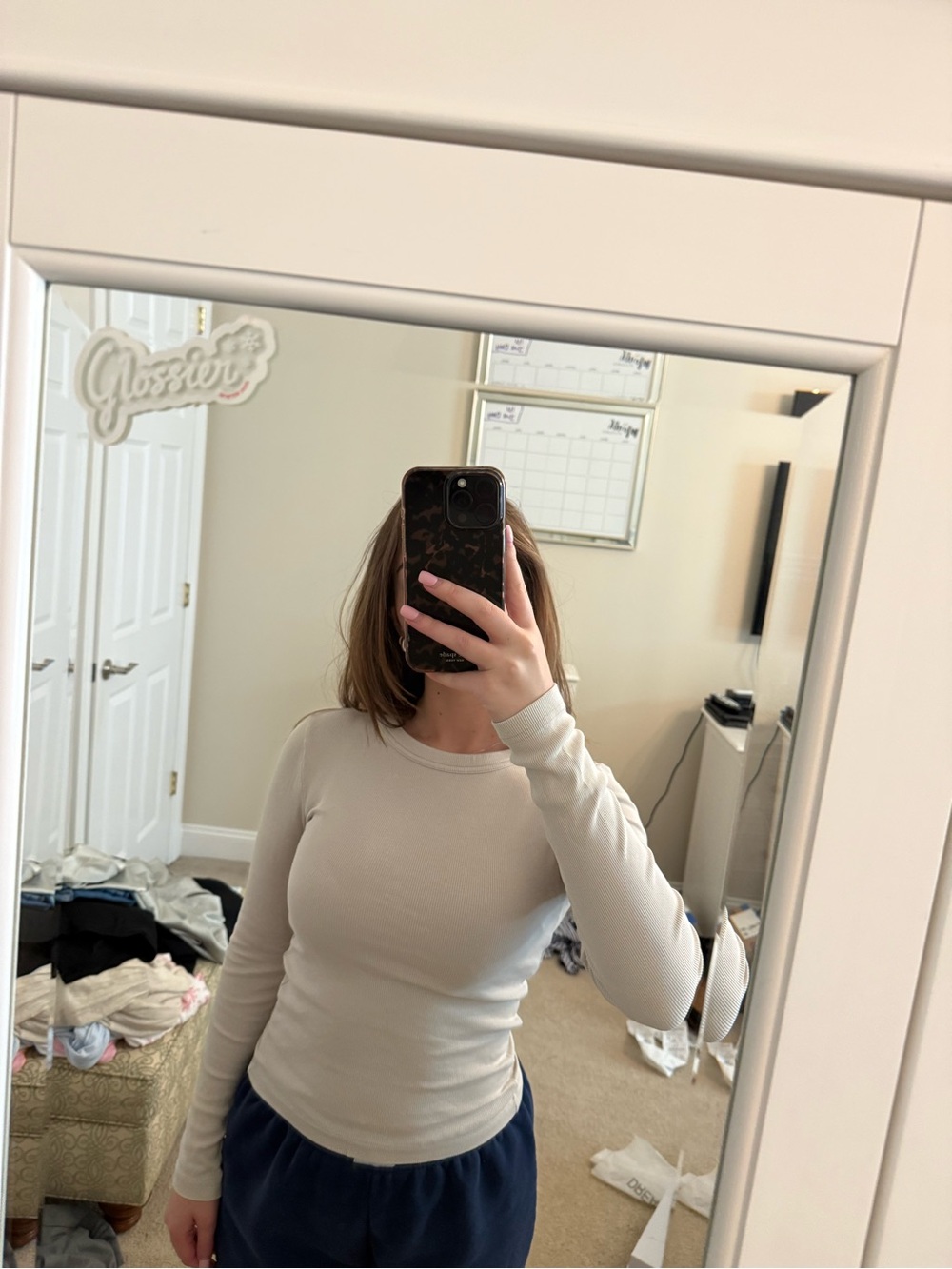Zara Light Cream Fitted Long-Sleeve Crewneck Top